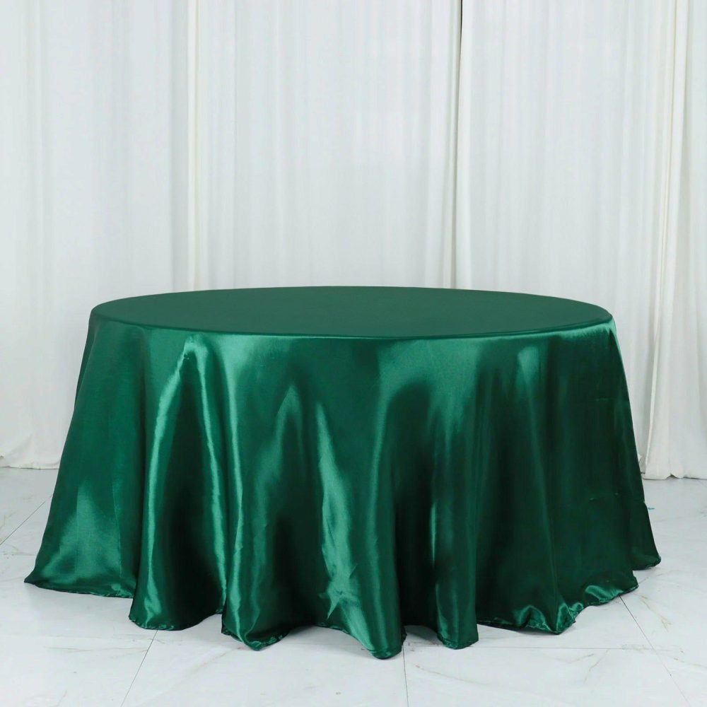 Hunter Emerald Green Seamless Satin Round Tablecloth 132″ for 6 Foot Table With Floor-Length Drop  |   Satin Satin Hunter Emerald Green