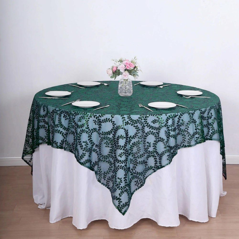 Hunter Emerald Green Sequin Leaf Embroidered Seamless Tulle Table Overlay, Square Sheer Table Topper 72″x72″  |   Sequin Sequin Hunter Emerald Green