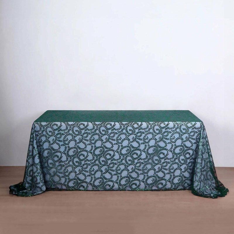 Hunter Emerald Green Sequin Leaf Embroidered Tulle Rectangular Tablecloth 90″x156″ for 8 Foot Table With Floor-Length Drop  |   Sequin Sequin Hunter Emerald Green