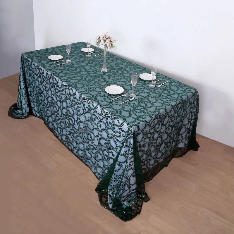 Hunter Emerald Green Sequin Leaf Embroidered Tulle Rectangular Tablecloth 90″x156″ for 8 Foot Table With Floor-Length Drop  |   Sequin Sequin Hunter Emerald Green