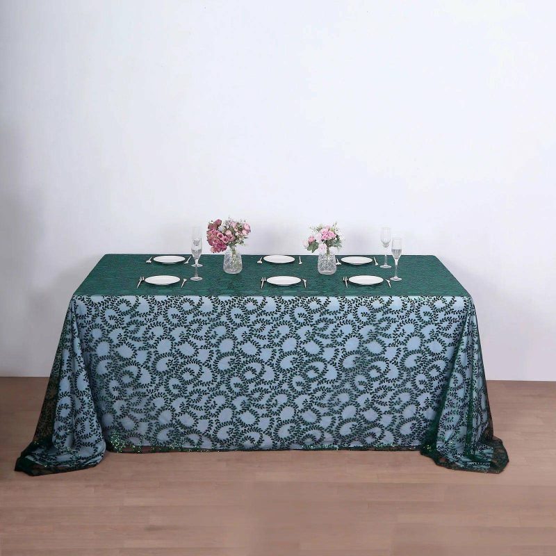 Hunter Emerald Green Sequin Leaf Embroidered Tulle Rectangular Tablecloth 90″x156″ for 8 Foot Table With Floor-Length Drop  |   Sequin Sequin Hunter Emerald Green