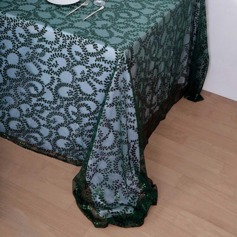 Hunter Emerald Green Sequin Leaf Embroidered Tulle Rectangular Tablecloth 90″x156″ for 8 Foot Table With Floor-Length Drop  |   Sequin Sequin Hunter Emerald Green