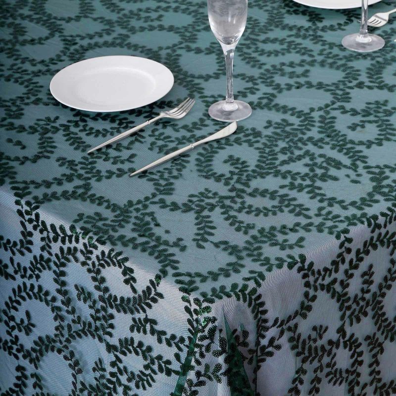 Hunter Emerald Green Sequin Leaf Embroidered Tulle Rectangular Tablecloth 90″x156″ for 8 Foot Table With Floor-Length Drop  |   Sequin Sequin Hunter Emerald Green