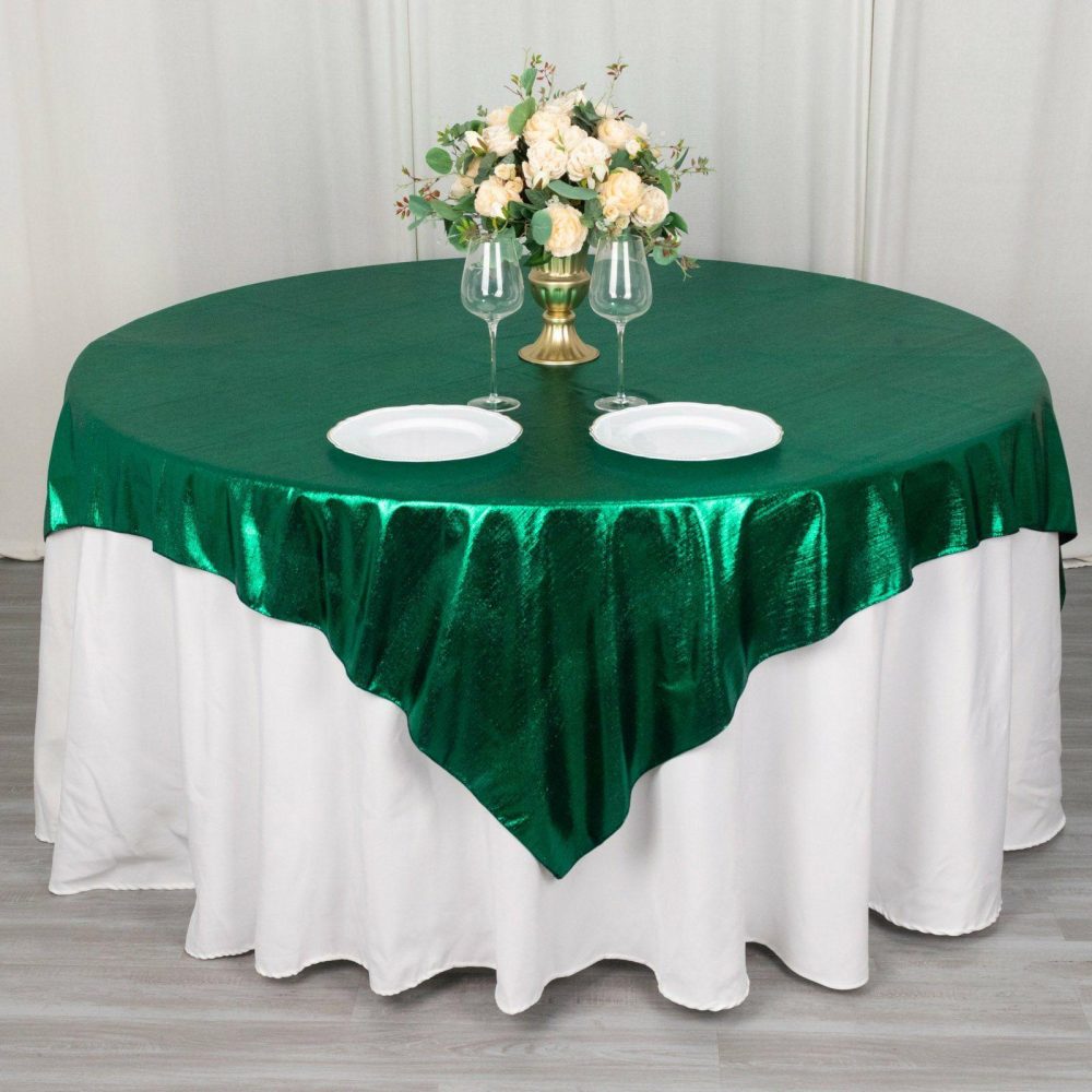 Hunter Emerald Green Shimmer Sequin Dots Square Polyester Table Overlay, Wrinkle Free Sparkle Glitter Table Topper 72″x72″  |   Sparkly Shimmer Sparkly Shimmer Hunter Emerald Green