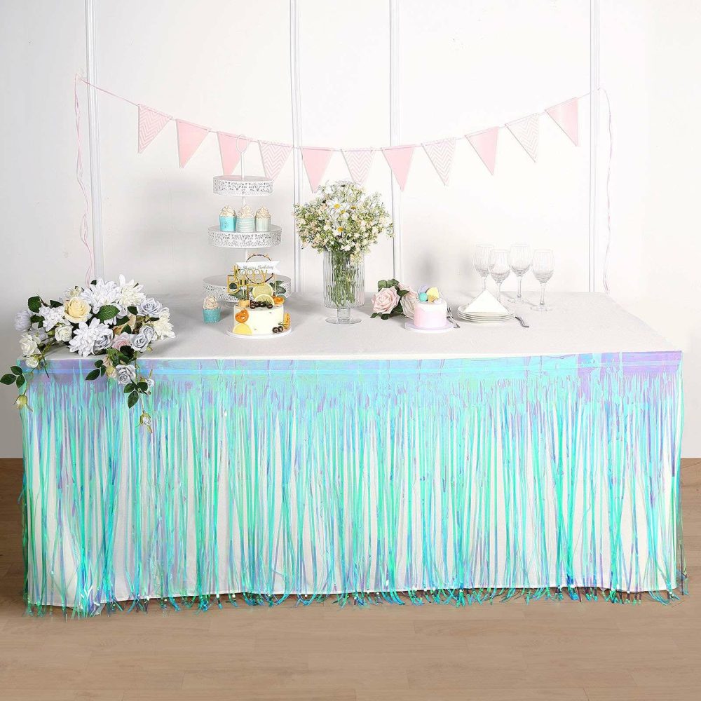 Iridescent Blue Metallic Foil Fringe Table Skirt, Self Adhesive Tinsel Table Skirt 30″x9ft  |   Disposable Tablecloth Disposable Tablecloth Disposable Tablecloth