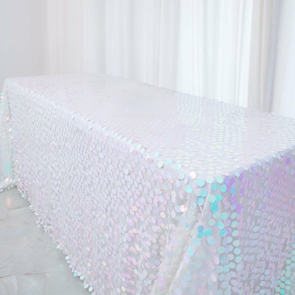 Iridescent Blue Seamless Big Payette Sequin Rectangle Tablecloth Premium 90″x156″ for 8 Foot Table With Floor-Length Drop  |   Sequin Sequin Iridescent Blue