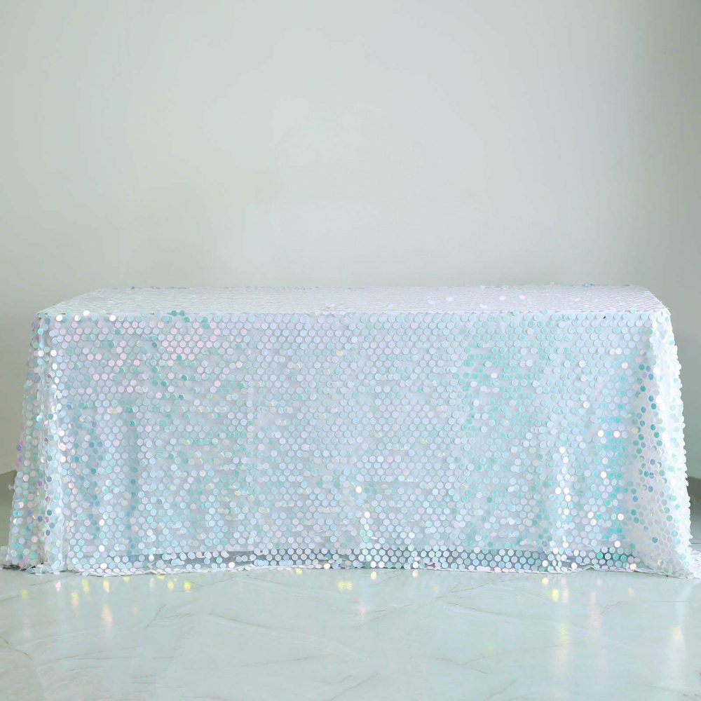 Iridescent Blue Seamless Big Payette Sequin Rectangle Tablecloth Premium Collection 90″x132″ for 6 Foot Table With Floor-Length Drop  |   Sequin Sequin Iridescent Blue