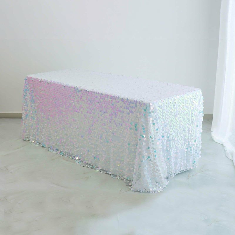 Iridescent Blue Seamless Big Payette Sequin Rectangle Tablecloth Premium Collection 90″x132″ for 6 Foot Table With Floor-Length Drop  |   Sequin Sequin Iridescent Blue