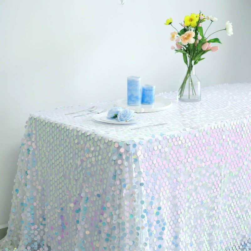 Iridescent Blue Seamless Big Payette Sequin Rectangle Tablecloth Premium Collection 90″x132″ for 6 Foot Table With Floor-Length Drop  |   Sequin Sequin Iridescent Blue