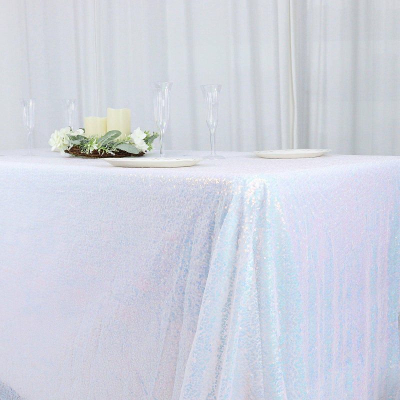 Iridescent Blue Seamless Premium Sequin Rectangle Tablecloth 90″x132″ for 6 Foot Table With Floor-Length Drop  |   Sequin Sequin Iridescent Blue