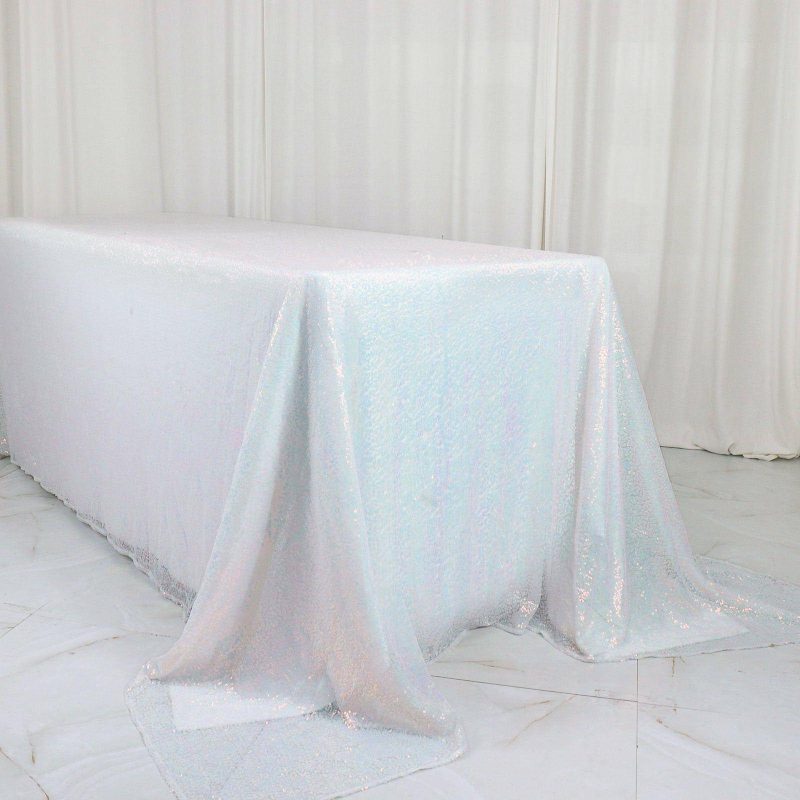 Iridescent Blue Seamless Premium Sequin Rectangle Tablecloth 90″x132″ for 6 Foot Table With Floor-Length Drop  |   Sequin Sequin Iridescent Blue