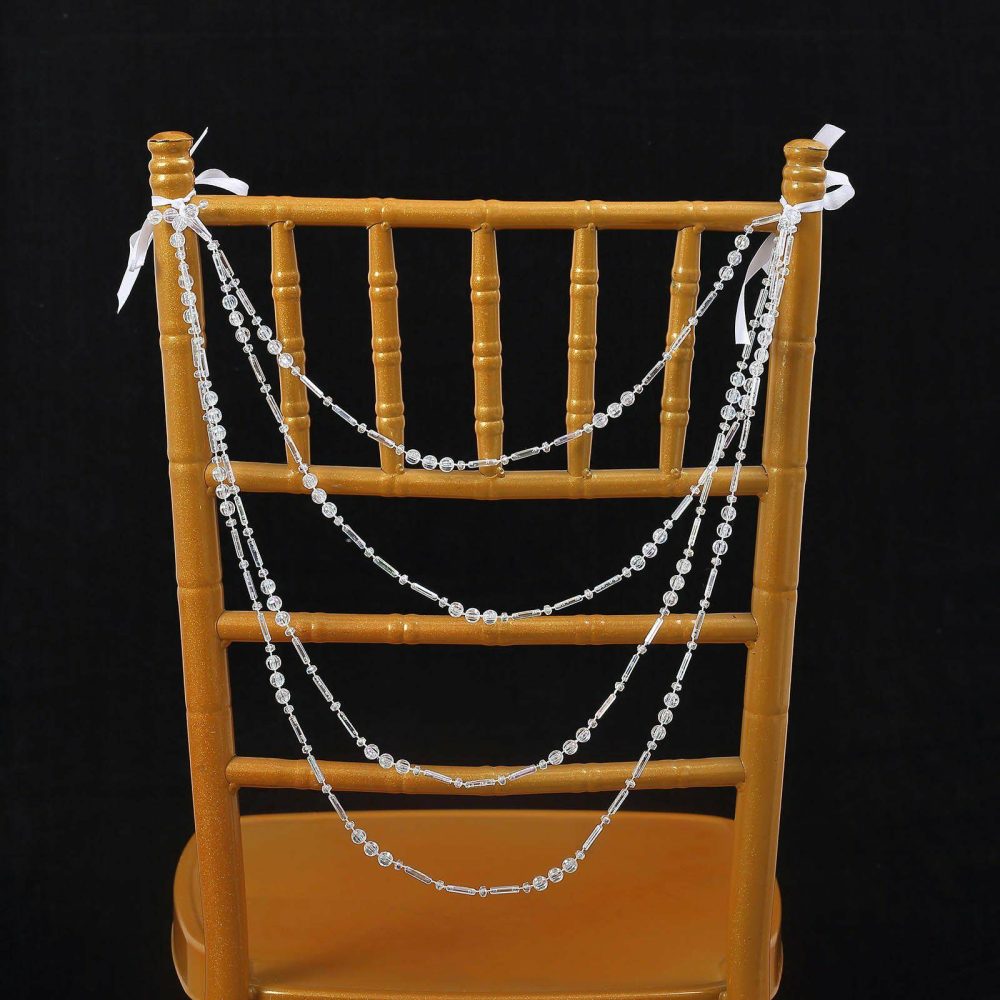 Iridescent Gatsby Faux Pearl Beaded Wedding Chair Back Garland Sash, Pre-Tied Pearl String Chiavari Chair Decor 16″  |   Stylish Chair Sashes Iridescent