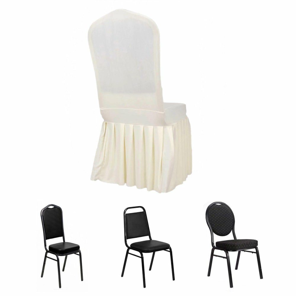 Ivory 1-Piece Stretch Fitted Ruffle Pleated Skirt Banquet Slip On Chair Cover  |   Spandex Fitted Banquet Chair Covers Ivory