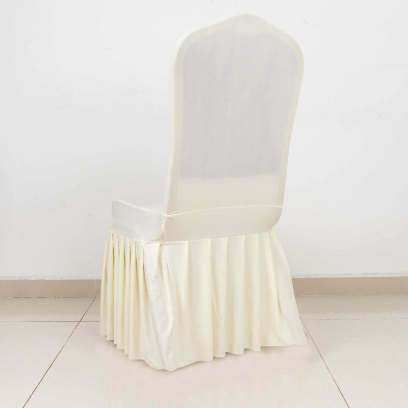 Ivory 1-Piece Stretch Fitted Ruffle Pleated Skirt Banquet Slip On Chair Cover  |   Spandex Fitted Banquet Chair Covers Ivory