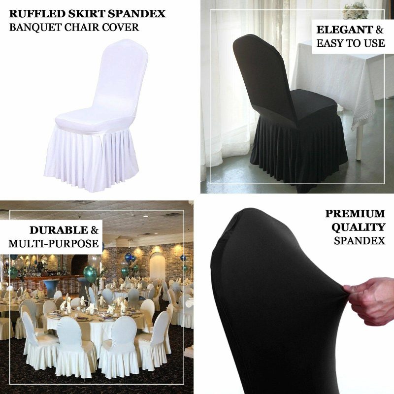 Ivory 1-Piece Stretch Fitted Ruffle Pleated Skirt Banquet Slip On Chair Cover  |   Spandex Fitted Banquet Chair Covers Ivory