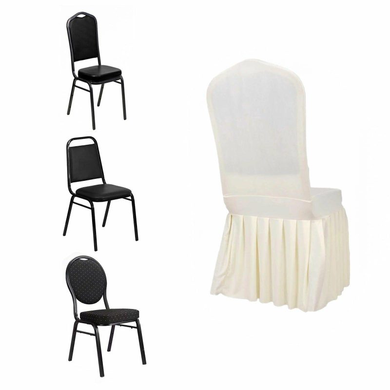 Ivory 1-Piece Stretch Fitted Ruffle Pleated Skirt Banquet Slip On Chair Cover  |   Spandex Fitted Banquet Chair Covers Ivory