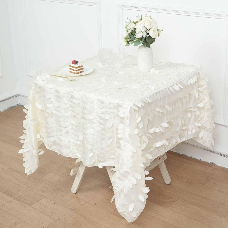 Ivory 3D Leaf Petal Taffeta Fabric Seamless Square Tablecloth 54″  |   Pintuck, Crinkle & Leaf Pintuck, Crinkle & Leaf Ivory