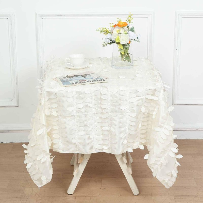 Ivory 3D Leaf Petal Taffeta Fabric Seamless Square Tablecloth 54″  |   Pintuck, Crinkle & Leaf Pintuck, Crinkle & Leaf Ivory