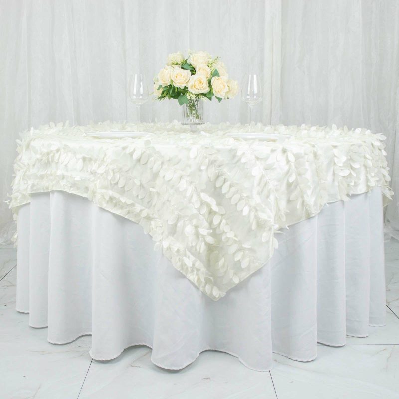 Ivory 3D Leaf Petal Taffeta Fabric Table Overlay 72″x72″  |   Satin & Taffeta Satin & Taffeta Ivory