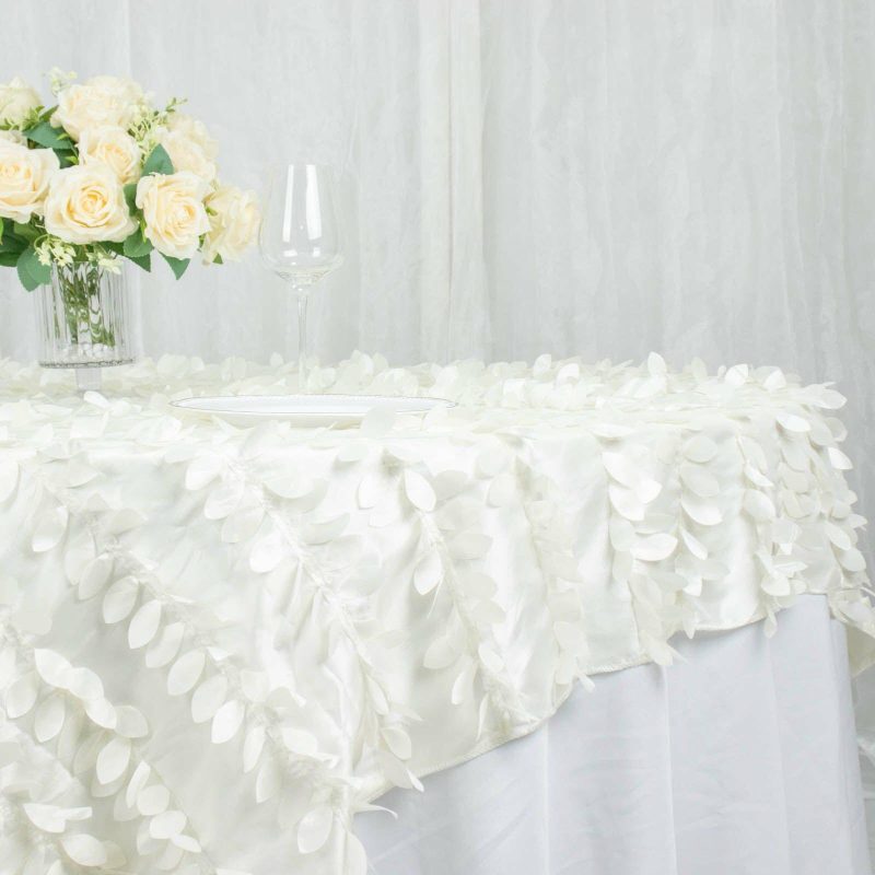 Ivory 3D Leaf Petal Taffeta Fabric Table Overlay 72″x72″  |   Satin & Taffeta Satin & Taffeta Ivory