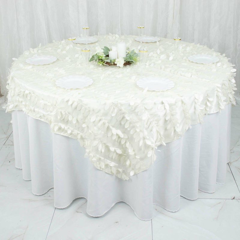 Ivory 3D Leaf Petal Taffeta Fabric Table Overlay 72″x72″  |   Satin & Taffeta Satin & Taffeta Ivory