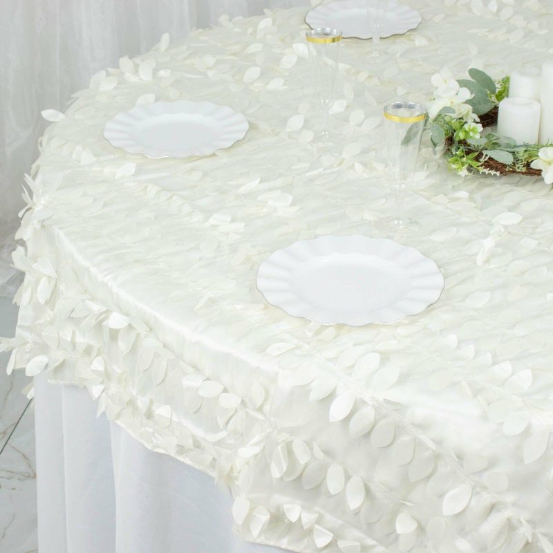 Ivory 3D Leaf Petal Taffeta Fabric Table Overlay 72″x72″  |   Satin & Taffeta Satin & Taffeta Ivory