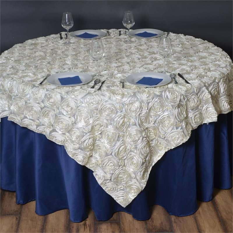 Ivory 3D Rosette Satin Square Table Overlay 72″x72″  |   Satin & Taffeta Satin & Taffeta Ivory