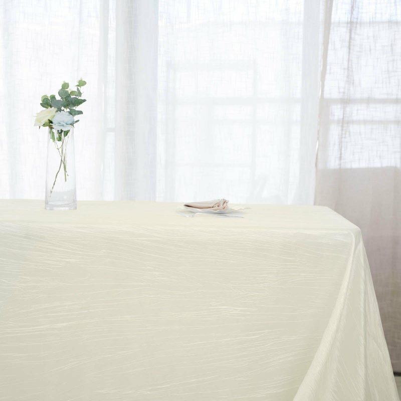 Ivory Accordion Crinkle Taffeta Seamless Rectangular Tablecloth 90″x156″ for 8 Foot Table With Floor-Length Drop  |   Pintuck, Crinkle & Leaf Pintuck, Crinkle & Leaf Ivory