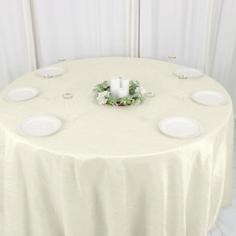 Ivory Accordion Crinkle Taffeta Seamless Round Tablecloth 132″ for 6 Foot Table With Floor-Length Drop  |   Pintuck, Crinkle & Leaf Pintuck, Crinkle & Leaf Ivory