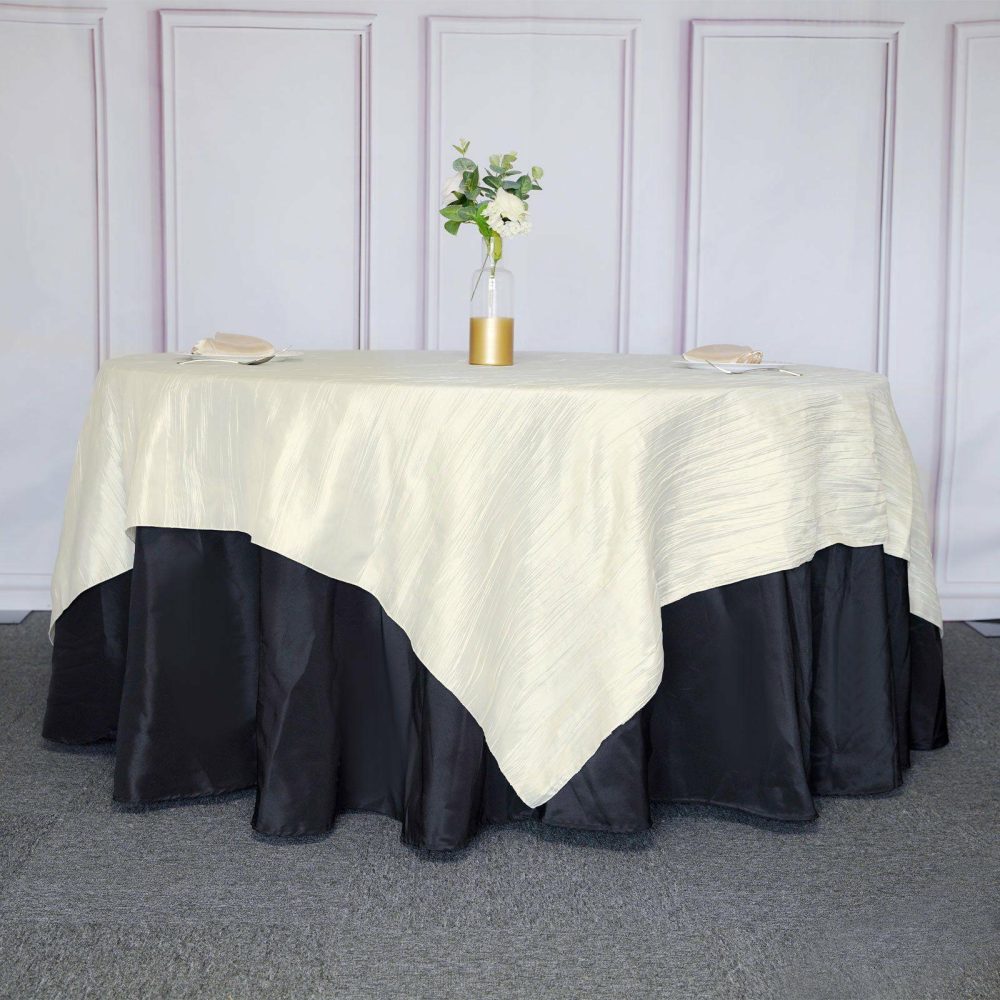 Ivory Accordion Crinkle Taffeta Square Table Overlay 90″x90″  |   Satin & Taffeta Satin & Taffeta Ivory