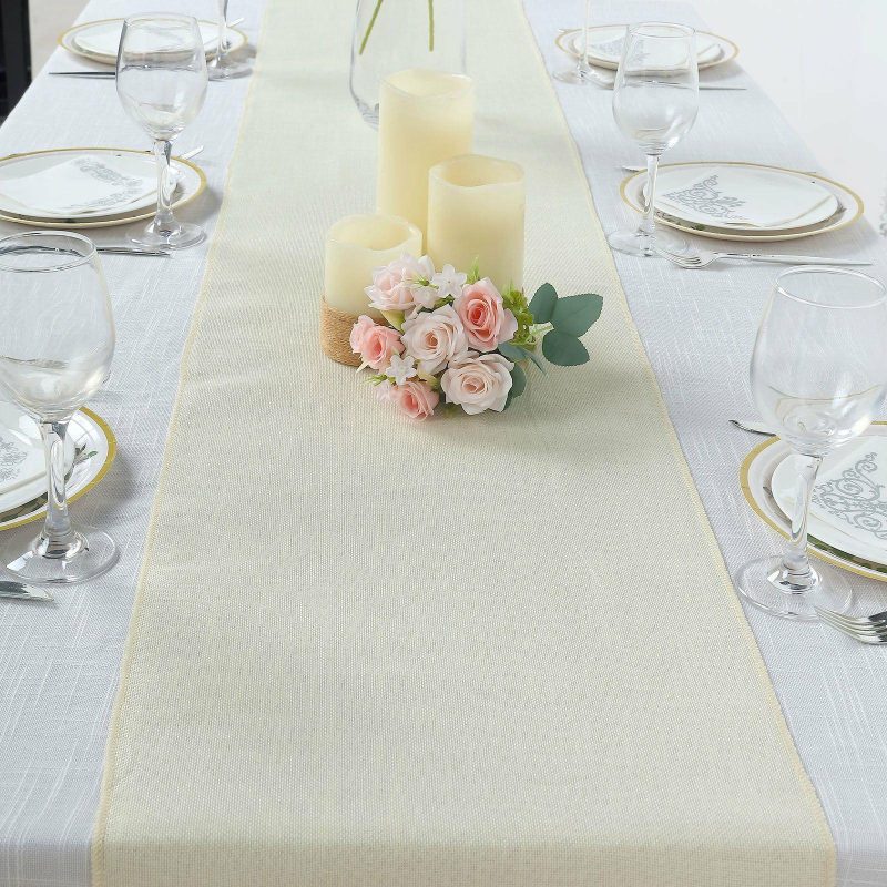 Ivory Boho Chic Rustic Faux Jute Linen Table Runner 14″x108″  |   Jute Burlap & Lace Jute Burlap & Lace Ivory