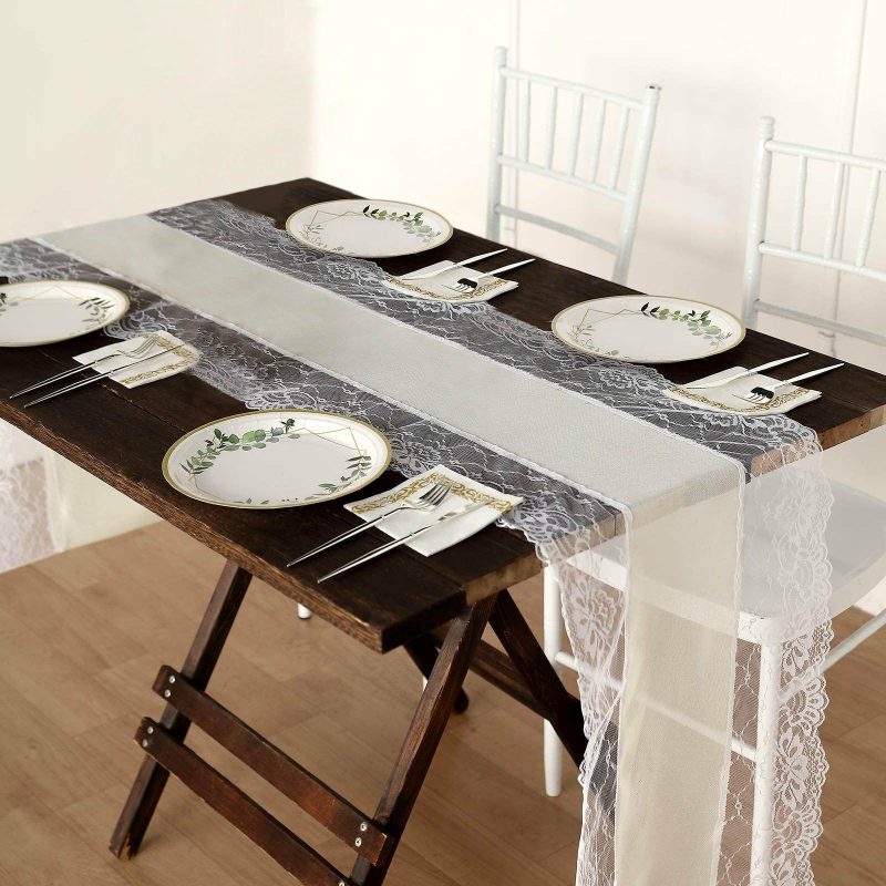 Ivory Faux Burlap Jute Table Runner With White Lace Edging, Farmhouse Boho Rustic Table Top Runner Decor 16″x108″  |   Jute Burlap & Lace Jute Burlap & Lace Ivory & White