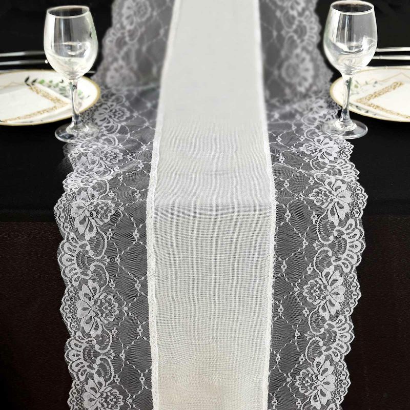 Ivory Faux Burlap Jute Table Runner With White Lace Edging, Farmhouse Boho Rustic Table Top Runner Decor 16″x108″  |   Jute Burlap & Lace Jute Burlap & Lace Ivory & White