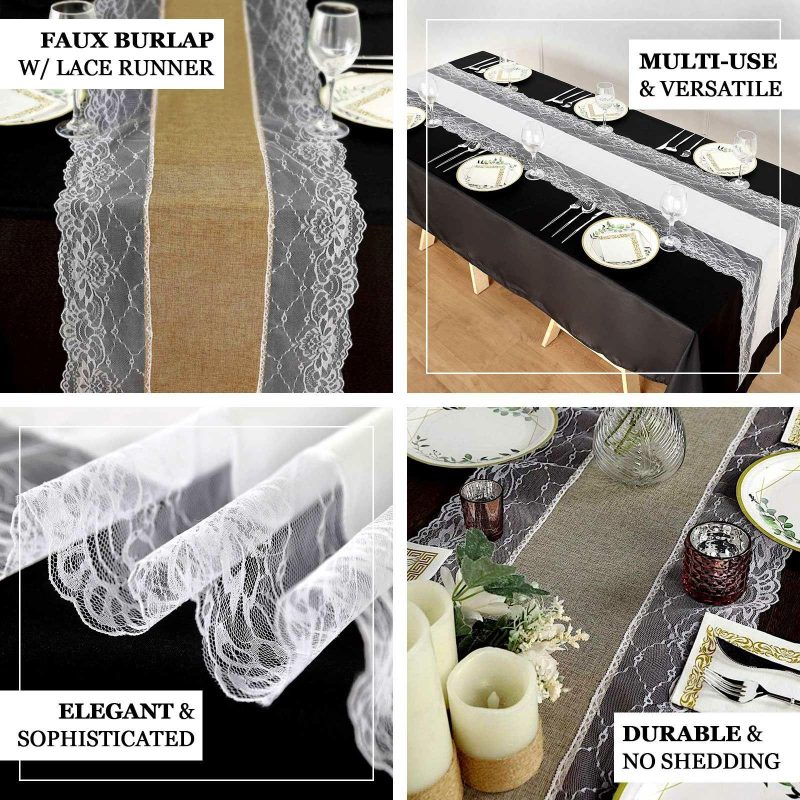 Ivory Faux Burlap Jute Table Runner With White Lace Edging, Farmhouse Boho Rustic Table Top Runner Decor 16″x108″  |   Jute Burlap & Lace Jute Burlap & Lace Ivory & White