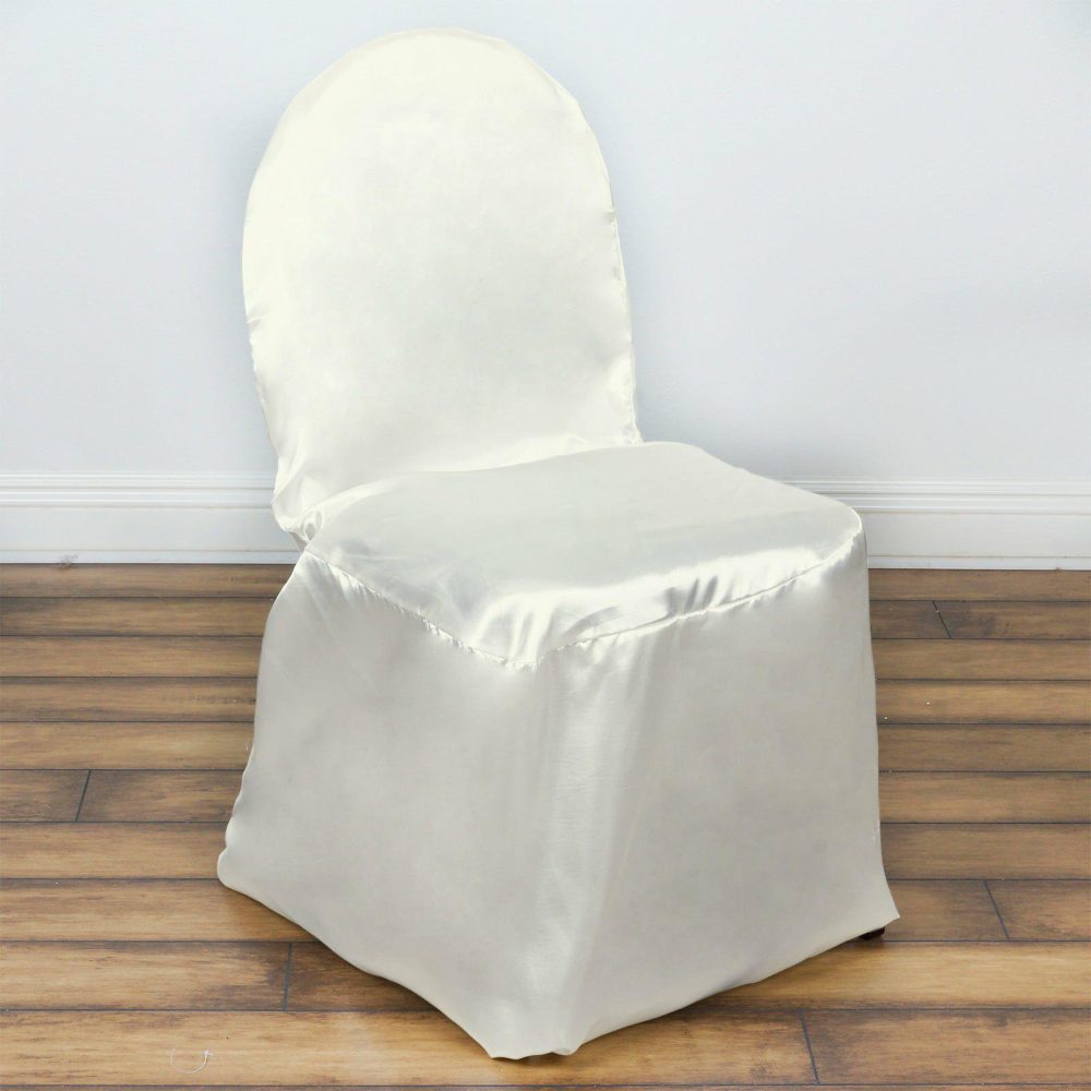 Ivory Glossy Satin Banquet Chair Covers, Reusable Elegant Chair Covers  |   Polyester & Satin Banquet Chair Covers Ivory