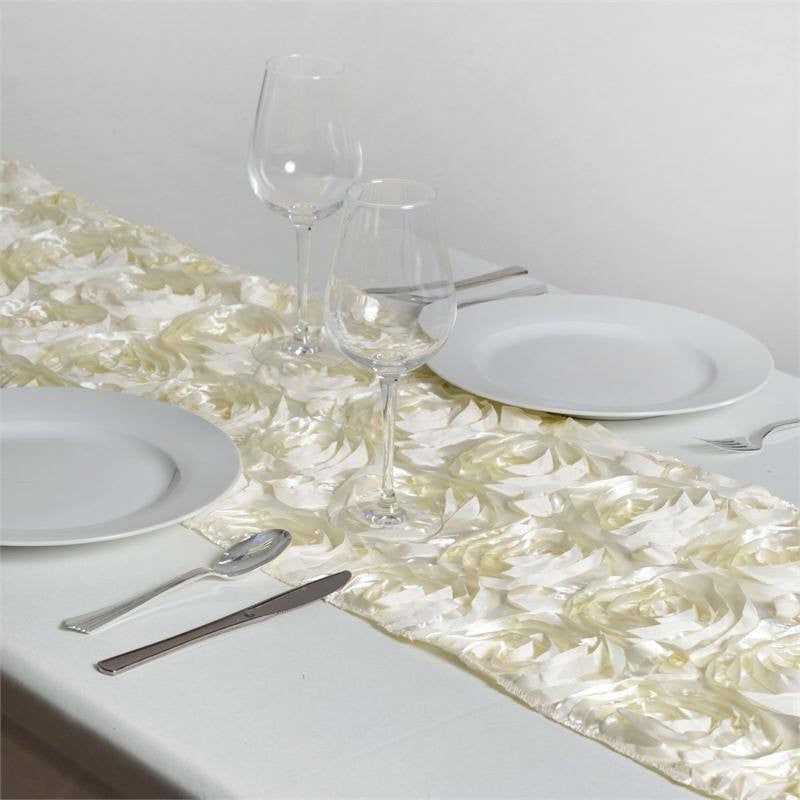 Ivory Grandiose Rosette Satin Table Runner 14″x108″  |   Satin & Taffeta Satin & Taffeta Ivory