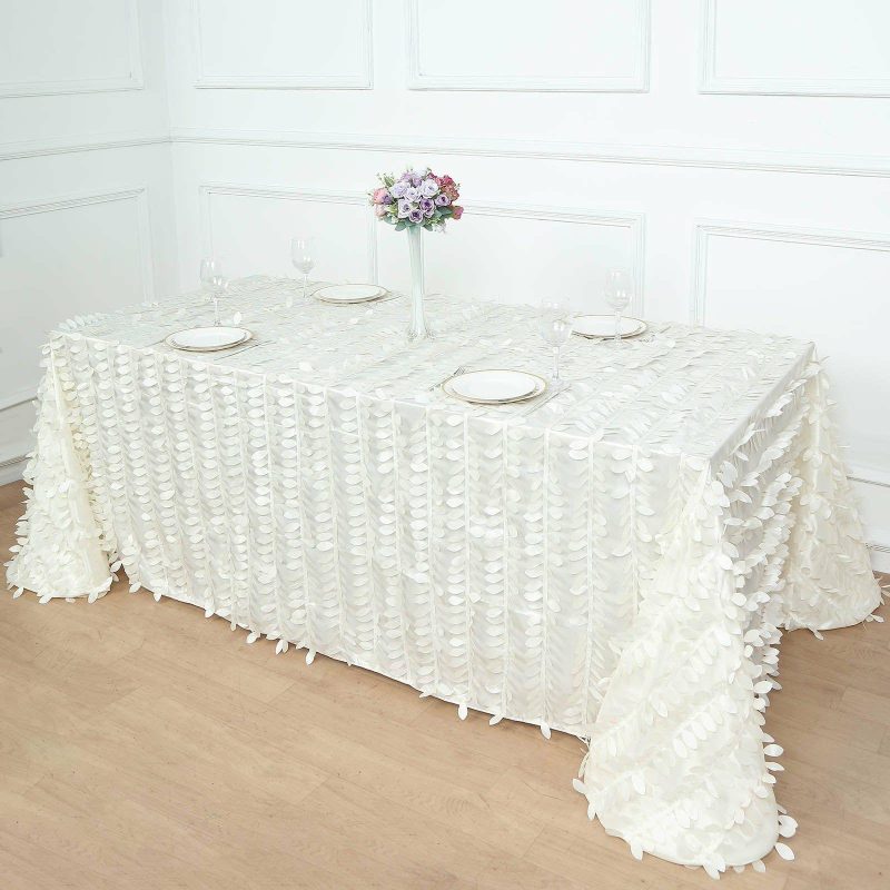 Ivory Leaf Petal Taffeta Seamless Rectangle Tablecloth 90″x132″ for 6 Foot Table With Floor-Length Drop  |   Pintuck, Crinkle & Leaf Pintuck, Crinkle & Leaf Ivory