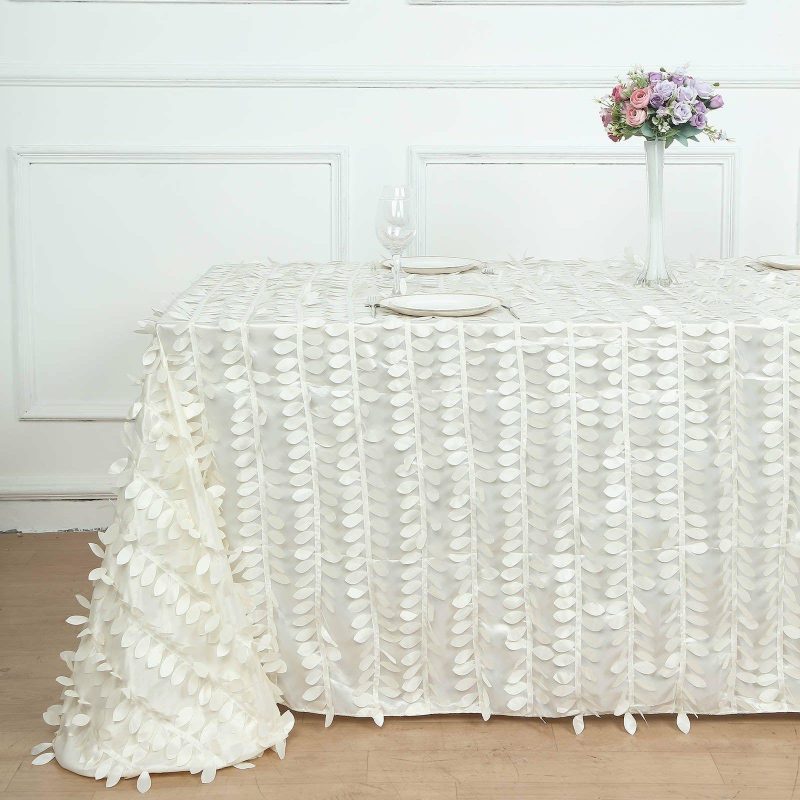 Ivory Leaf Petal Taffeta Seamless Rectangle Tablecloth 90″x132″ for 6 Foot Table With Floor-Length Drop  |   Pintuck, Crinkle & Leaf Pintuck, Crinkle & Leaf Ivory