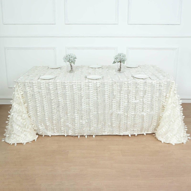 Ivory Leaf Petal Taffeta Seamless Rectangle Tablecloth 90″x132″ for 6 Foot Table With Floor-Length Drop  |   Pintuck, Crinkle & Leaf Pintuck, Crinkle & Leaf Ivory