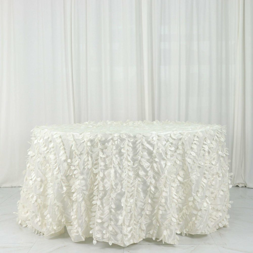 Ivory Leaf Petal Taffeta Seamless Round Tablecloth 132″ for 6 Foot Table With Floor-Length Drop  |   Pintuck, Crinkle & Leaf Pintuck, Crinkle & Leaf Ivory