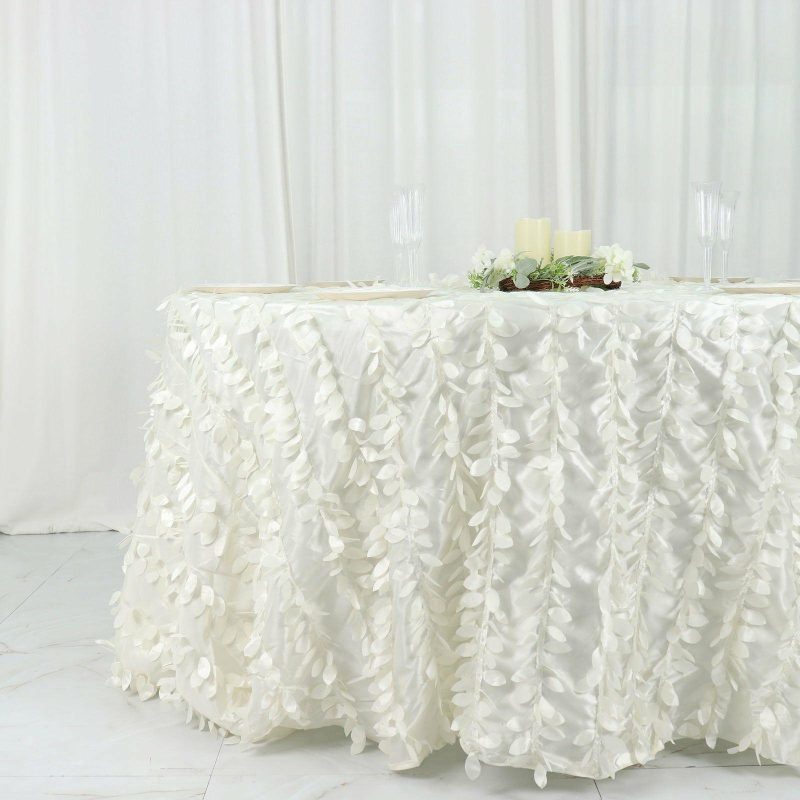 Ivory Leaf Petal Taffeta Seamless Round Tablecloth 132″ for 6 Foot Table With Floor-Length Drop  |   Pintuck, Crinkle & Leaf Pintuck, Crinkle & Leaf Ivory