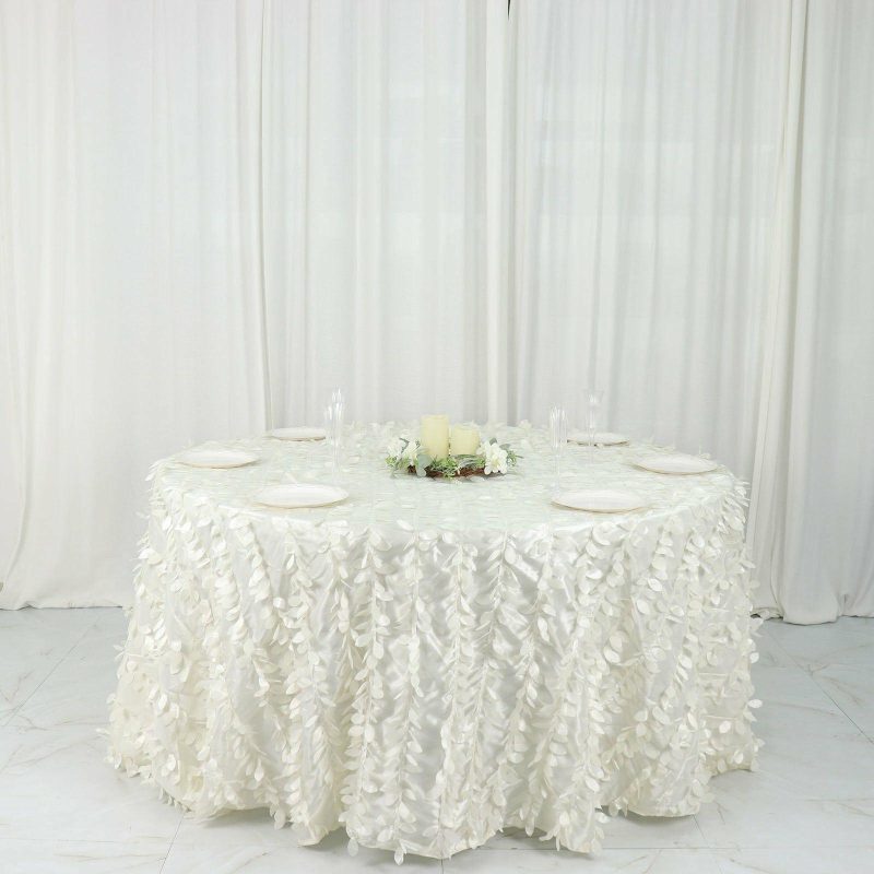 Ivory Leaf Petal Taffeta Seamless Round Tablecloth 132″ for 6 Foot Table With Floor-Length Drop  |   Pintuck, Crinkle & Leaf Pintuck, Crinkle & Leaf Ivory