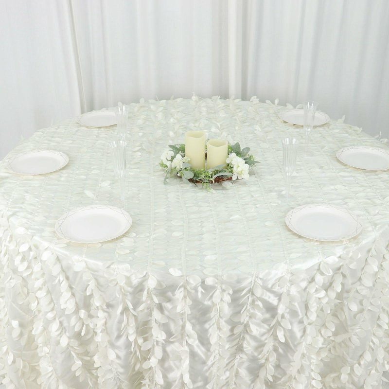 Ivory Leaf Petal Taffeta Seamless Round Tablecloth 132″ for 6 Foot Table With Floor-Length Drop  |   Pintuck, Crinkle & Leaf Pintuck, Crinkle & Leaf Ivory