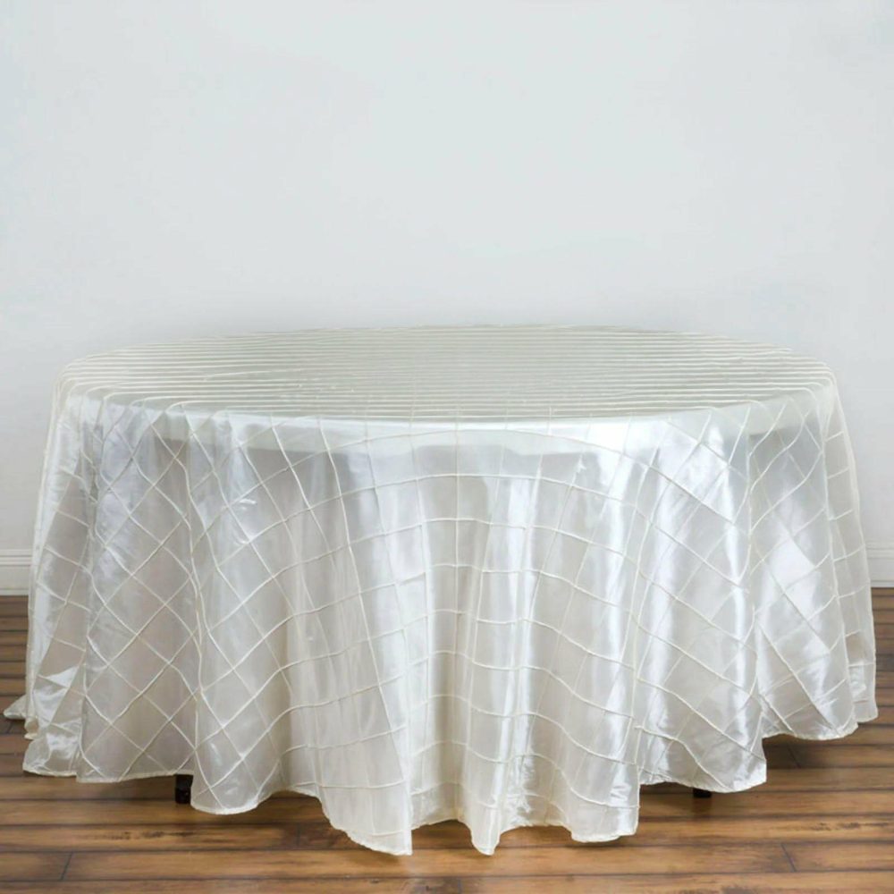 Ivory Pintuck Round Seamless Tablecloth 120″ for 5 Foot Table With Floor-Length Drop  |   Pintuck, Crinkle & Leaf Pintuck, Crinkle & Leaf Ivory