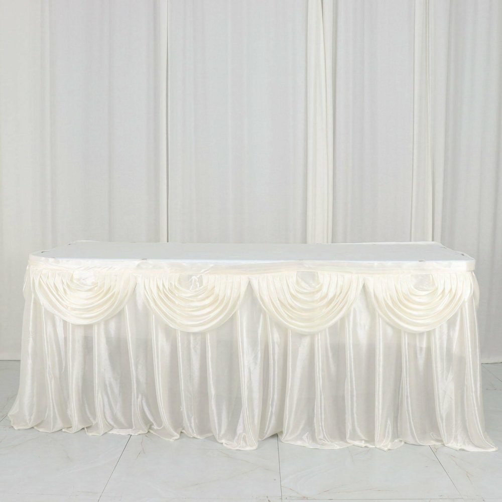 Ivory Pleated Satin Double Drape Table Skirt 14ft  |   Satin Shimmer Satin Shimmer Ivory