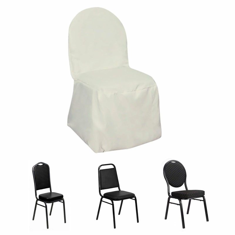 Ivory Polyester Banquet Chair Cover, Reusable Stain Resistant Slip On Chair Cover  |   Polyester & Satin Banquet Chair Covers Ivory