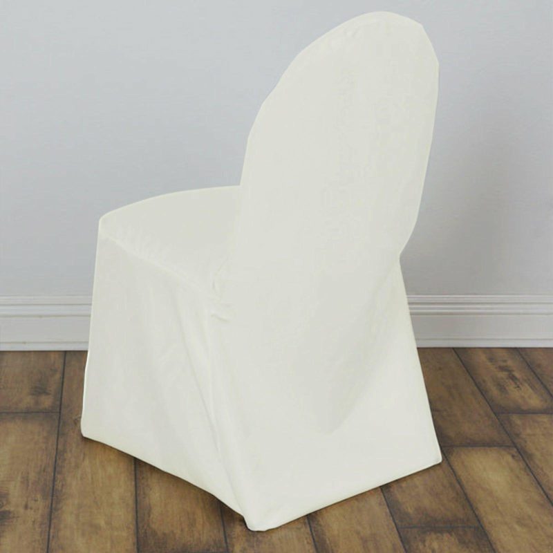 Ivory Polyester Banquet Chair Cover, Reusable Stain Resistant Slip On Chair Cover  |   Polyester & Satin Banquet Chair Covers Ivory