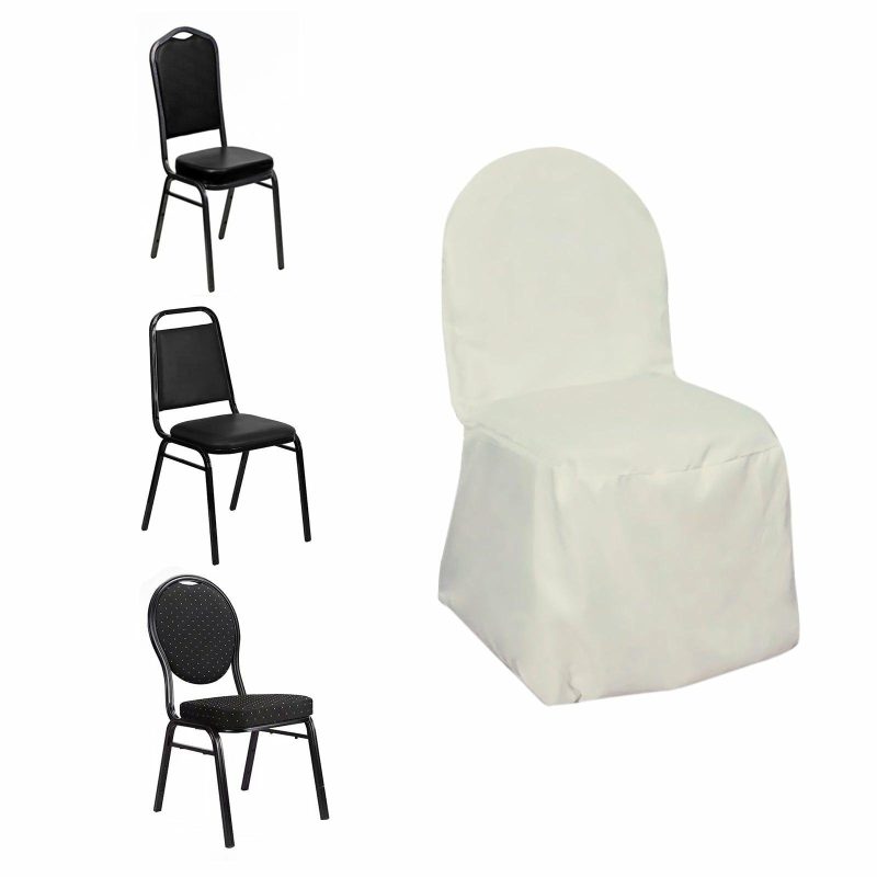 Ivory Polyester Banquet Chair Cover, Reusable Stain Resistant Slip On Chair Cover  |   Polyester & Satin Banquet Chair Covers Ivory