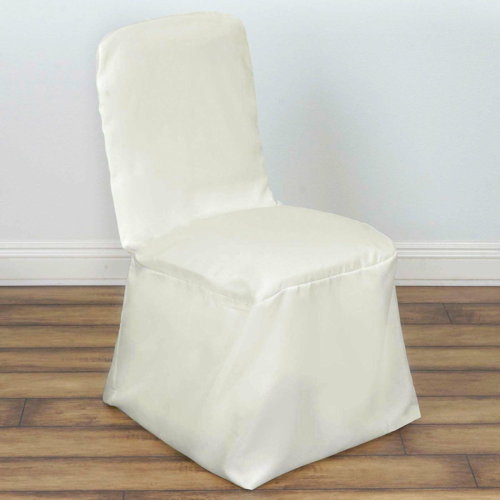 Ivory Polyester Square Top Banquet Chair Cover, Reusable Slip On Chair Cover  |   Polyester & Satin Banquet Chair Covers Ivory