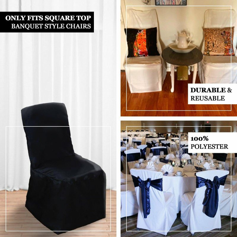 Ivory Polyester Square Top Banquet Chair Cover, Reusable Slip On Chair Cover  |   Polyester & Satin Banquet Chair Covers Ivory